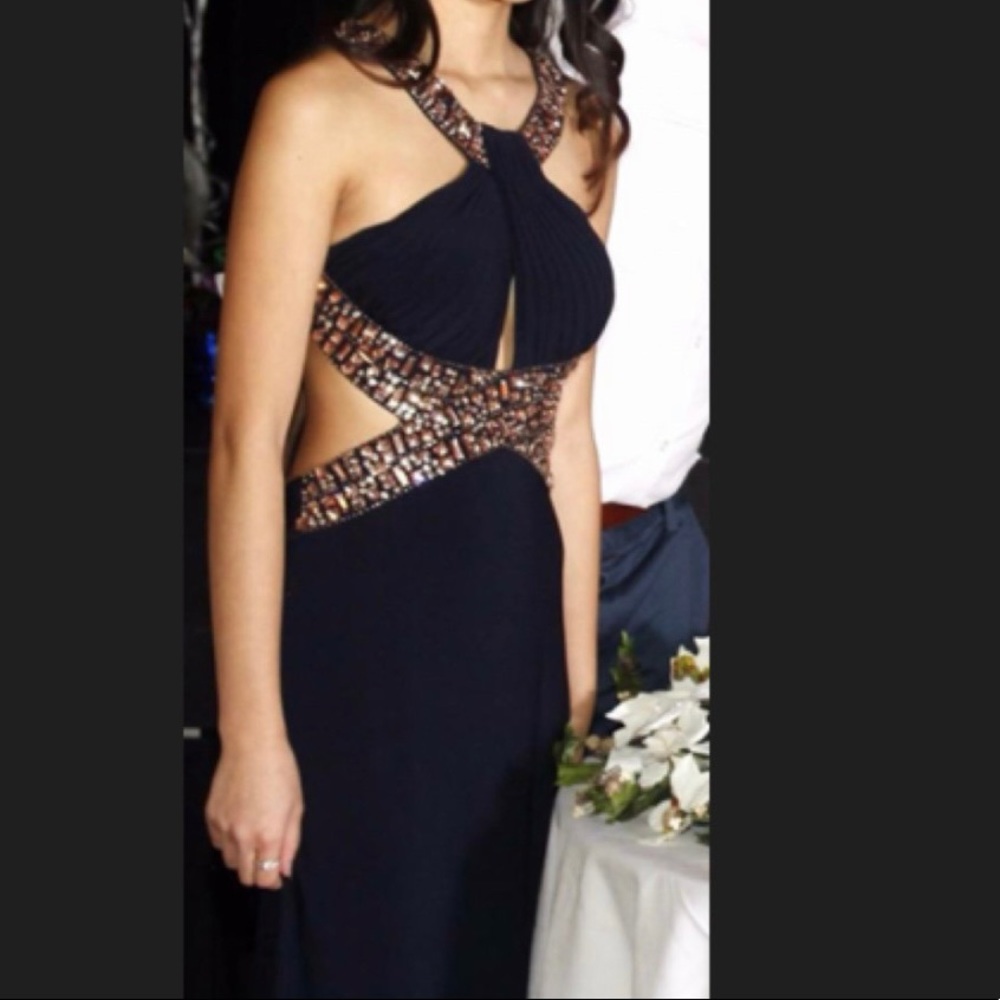 Laura Navy Blue Encrusted Halter Open Back Cut Out Prom Dress